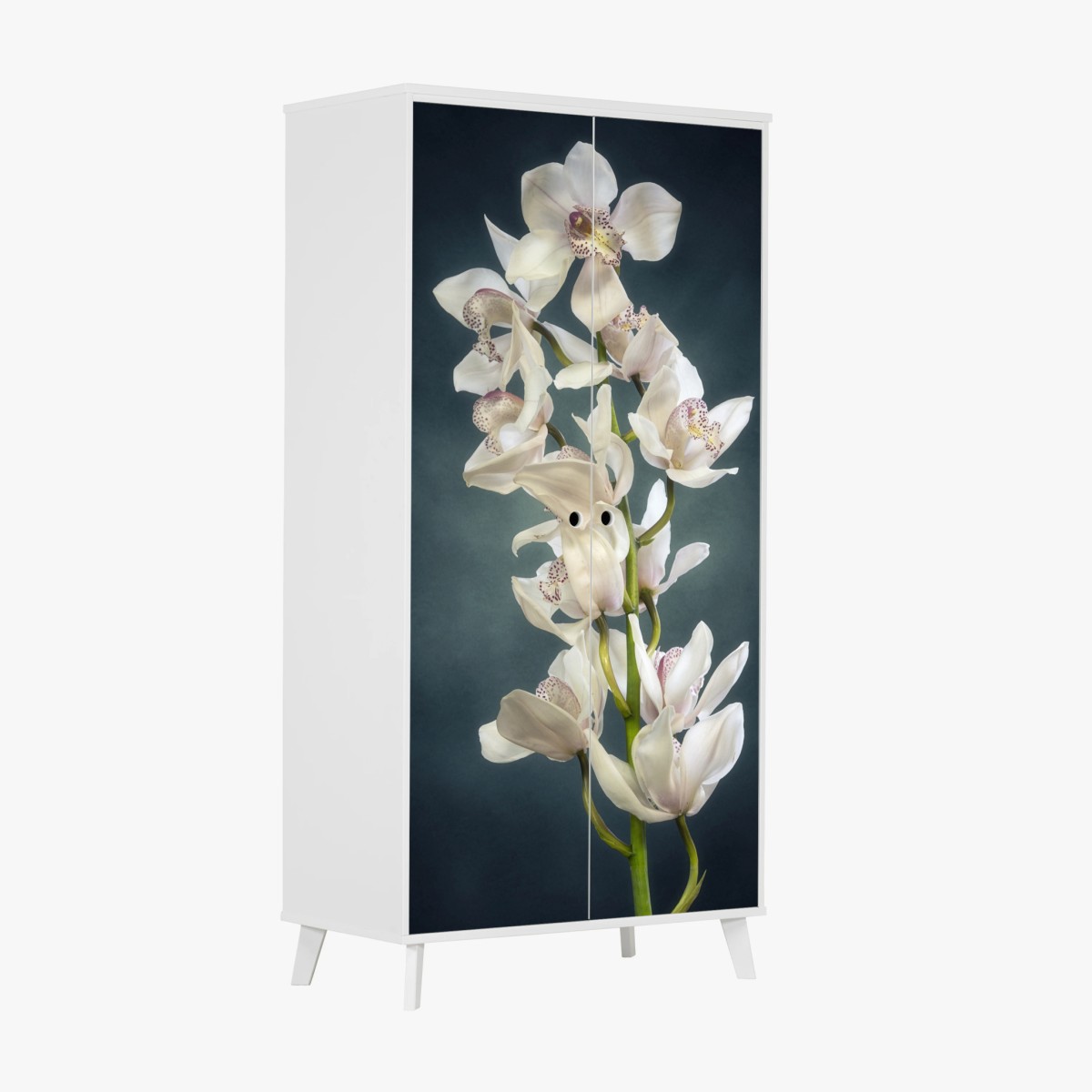 Adesivo per armadio ramo di orchidee bianche su sfondo scuro • Wallissimo®