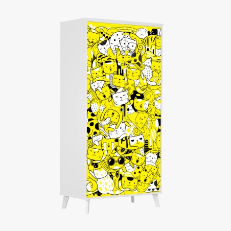 Adesivo per armadio mosaico di gatti giocosi in giallo e nero • Wallissimo®