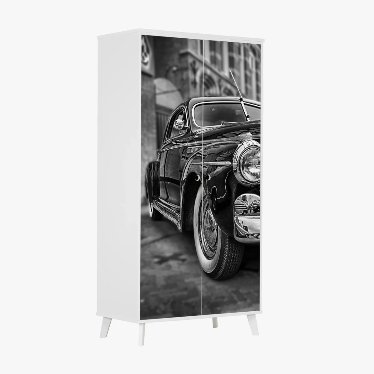 Adesivo per armadio eleganza automobilistica d'epoca in bianco e nero • Wallissimo® Adesivo per armadio eleganza automobilistica d'epoca in bianco e nero • Wallissimo®