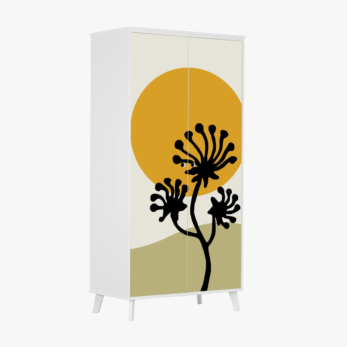 Adesivo per armadio sole dorato e fiori in silhouette • Wallissimo®