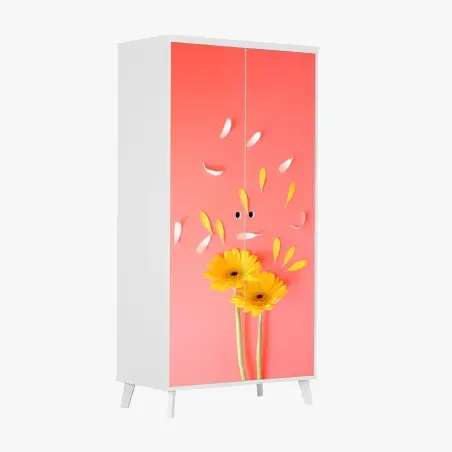Adesivo per armadio gerbere gialle su sfondo corallo con petali volanti • Wallissimo®