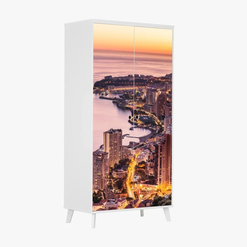 Adesivo per armadio tramonto sulla baia urbana illuminata