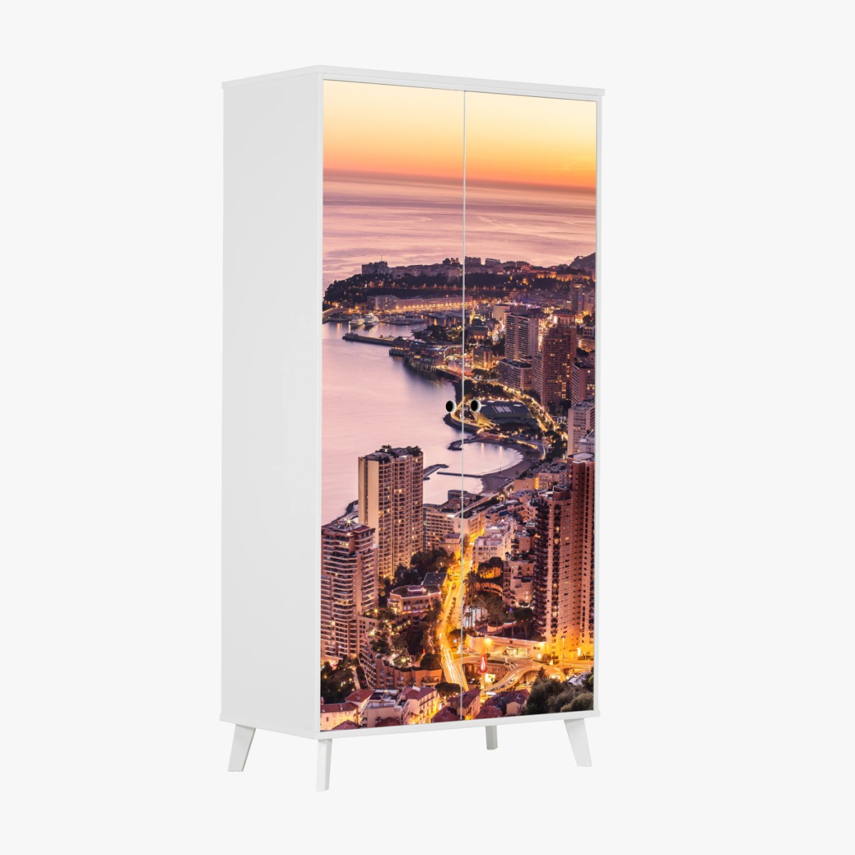 Adesivo per armadio tramonto sulla baia urbana illuminata • Wallissimo®