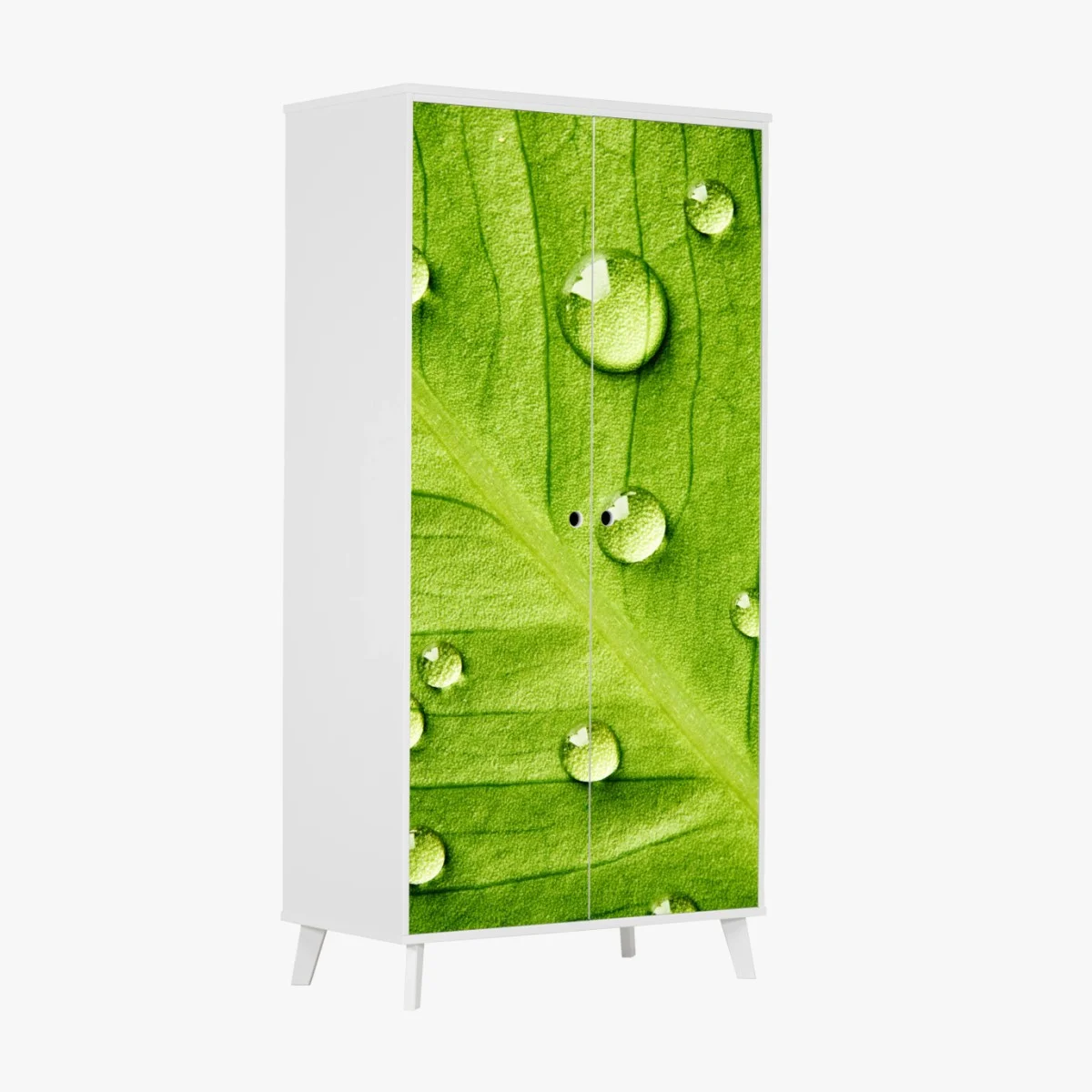 Adesivo per armadio foglia verde con gocce d'acqua • Wallissimo® Adesivo per armadio foglia verde con gocce d'acqua • Wallissimo®