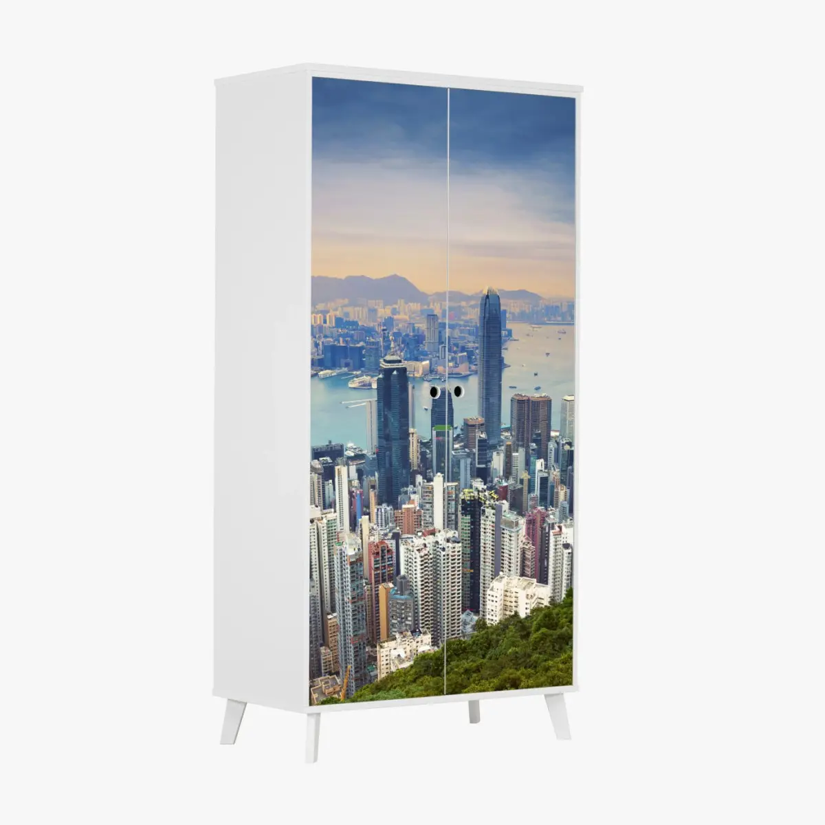 Adesivo per armadio vista panoramica di Hong Kong al tramonto • Wallissimo®