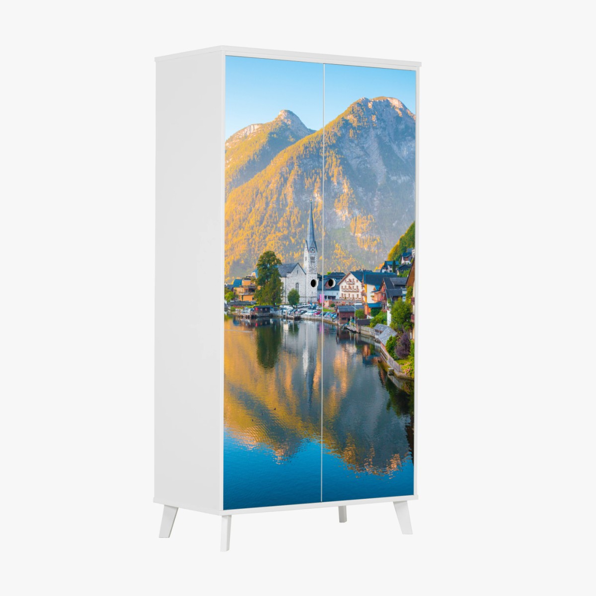 Adesivo per armadio panorama di Hallstatt all'alba • Wallissimo®