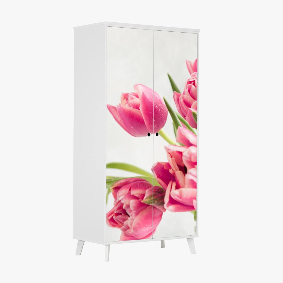 Adesivo per armadio tulipani rosa con gocce di rugiada • Wallissimo®
