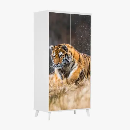 Adesivo per armadio tigre siberiana in corsa tra le betulle • Wallissimo®