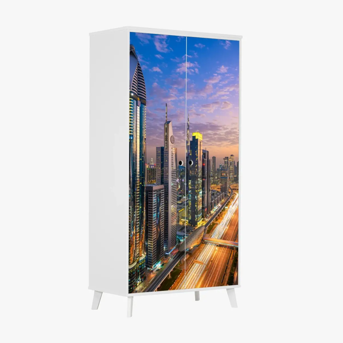 Adesivo per armadio vista aerea notturna di Dubai sulla Sheikh Zayed Road • Wallissimo®