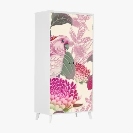 Adesivo per armadio cacatua rosa su motivo botanico elegante • Wallissimo®