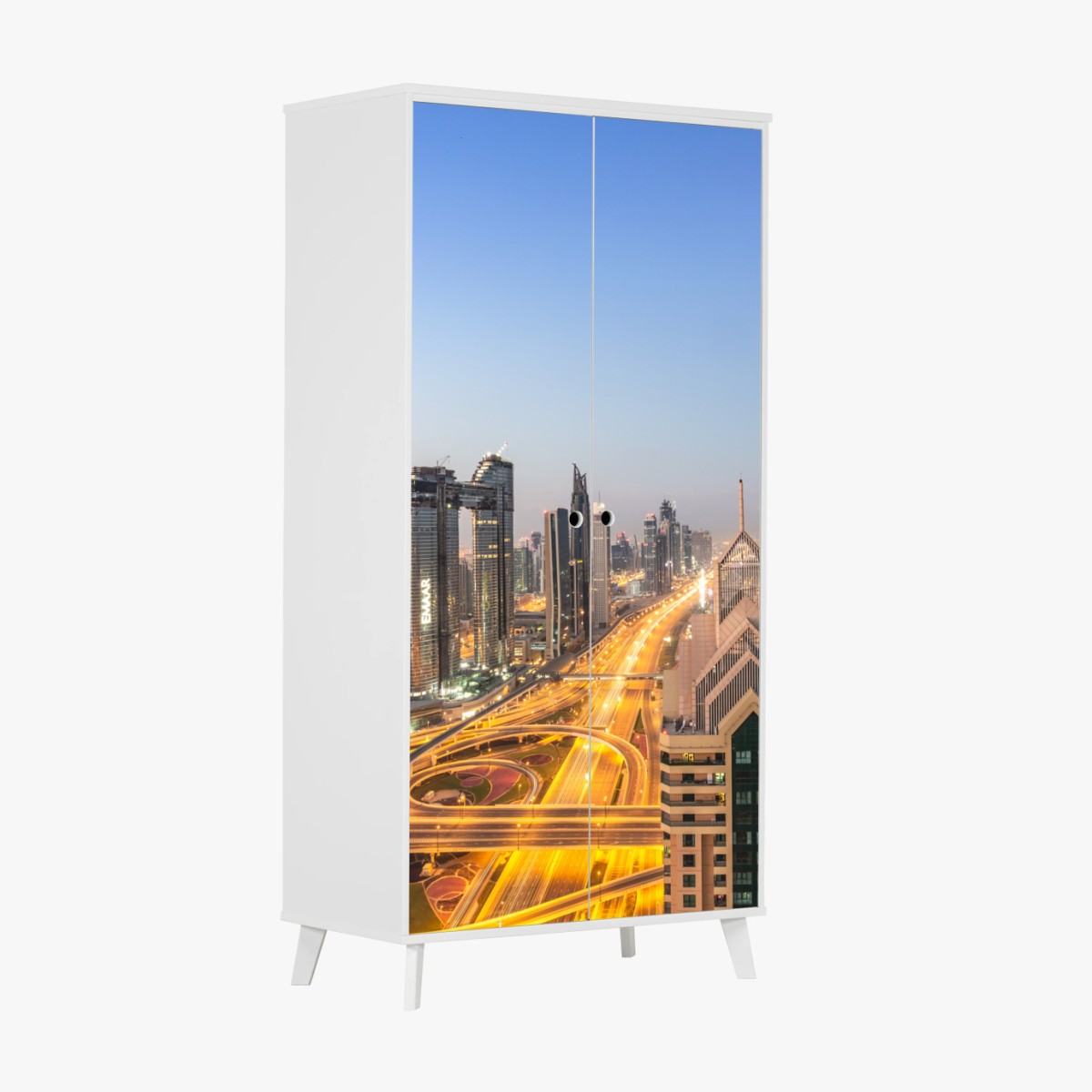 Adesivo per armadio skyline al crepuscolo di Dubai con Burj Khalifa • Wallissimo®