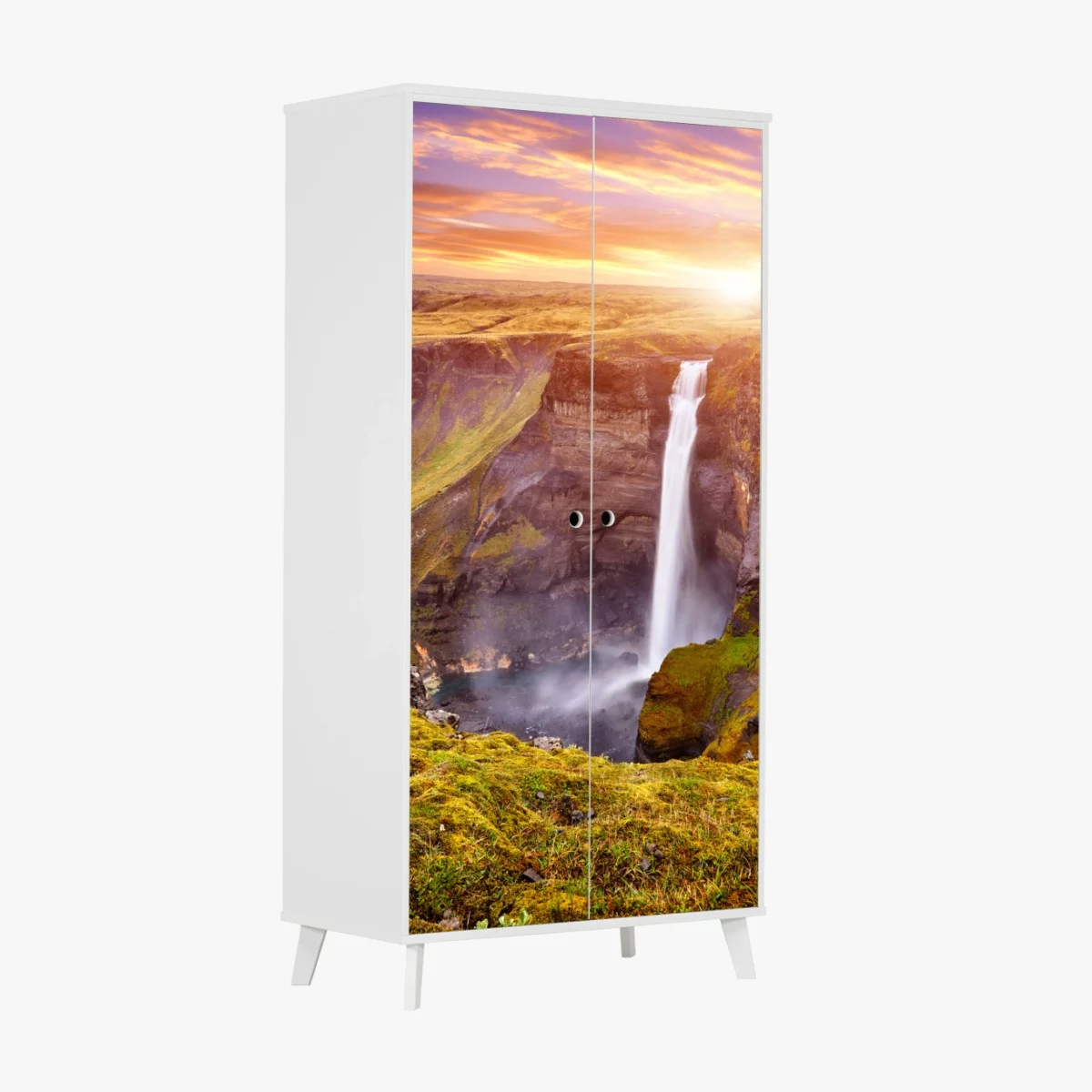 Adesivo per armadio tramonto su Haifoss, cascata maestosa dell'Islanda • Wallissimo® Adesivo per armadio tramonto su Haifoss, cascata maestosa dell'Islanda • Wallissimo®