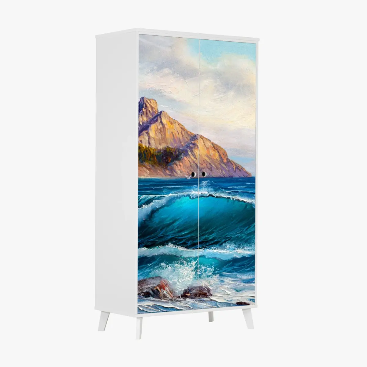 Adesivo per armadio onda turchese sulle scogliere al tramonto • Wallissimo®