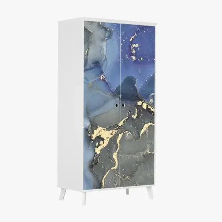 Adesivo per armadio paesaggio liquido blu e oro • Wallissimo®