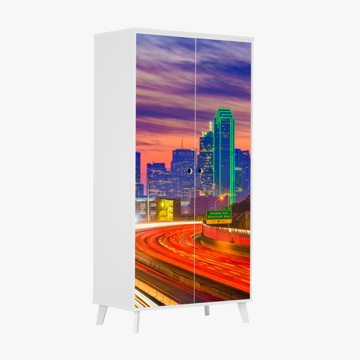 Adesivo per armadio tramonto su Dallas: skyline e scie di luce • Wallissimo®
