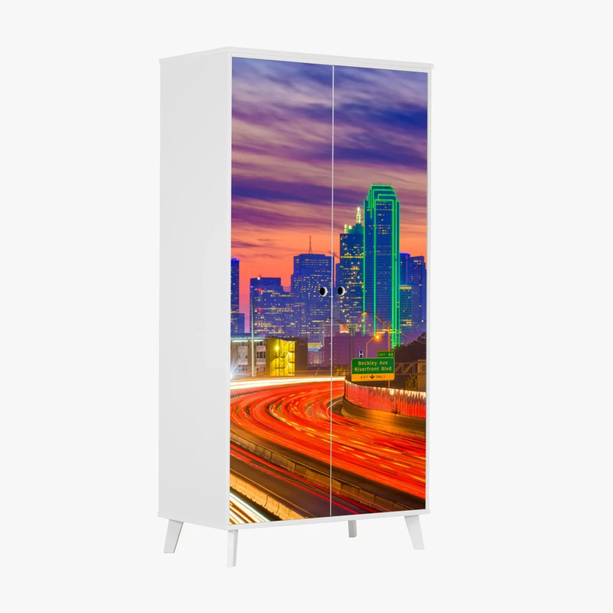 Adesivo per armadio tramonto su Dallas: skyline e scie di luce • Wallissimo® Adesivo per armadio tramonto su Dallas: skyline e scie di luce • Wallissimo®