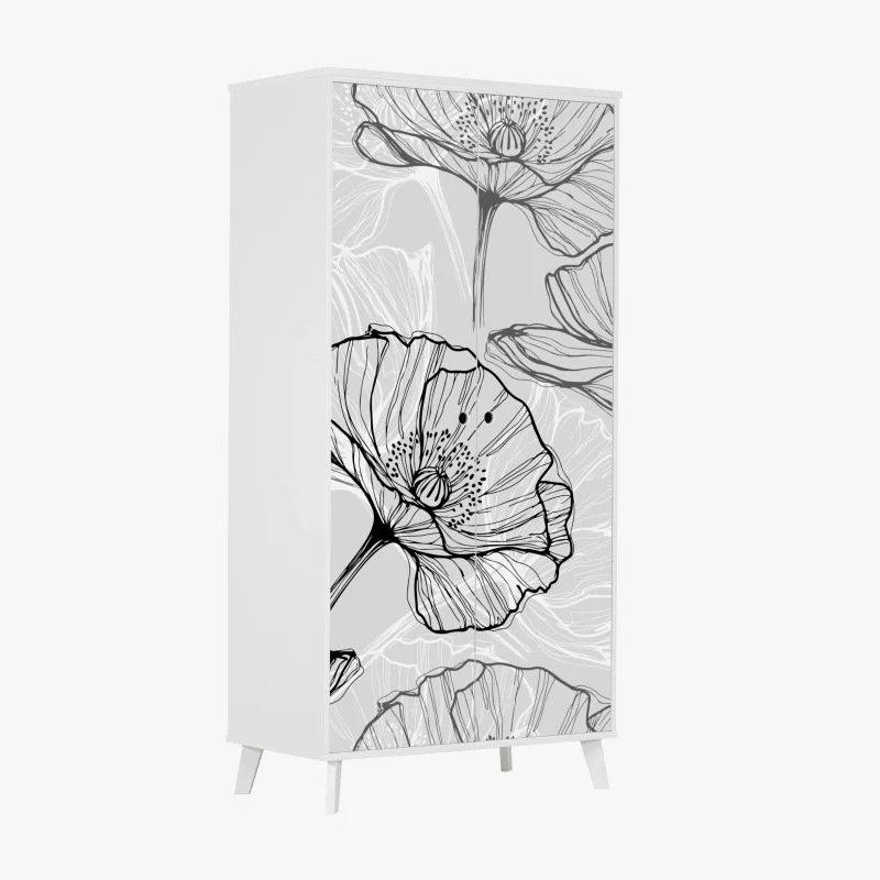 Adesivo per armadio papaveri stilizzati in bianco e nero