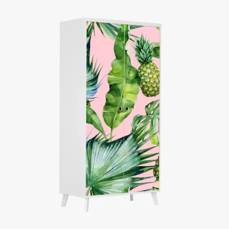 Adesivo per armadio motivo tropicale acquerello con ananas su sfondo rosa • Wallissimo®