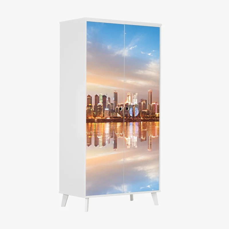 Adesivo per armadio panorama urbano al tramonto riflesso sull'acqua