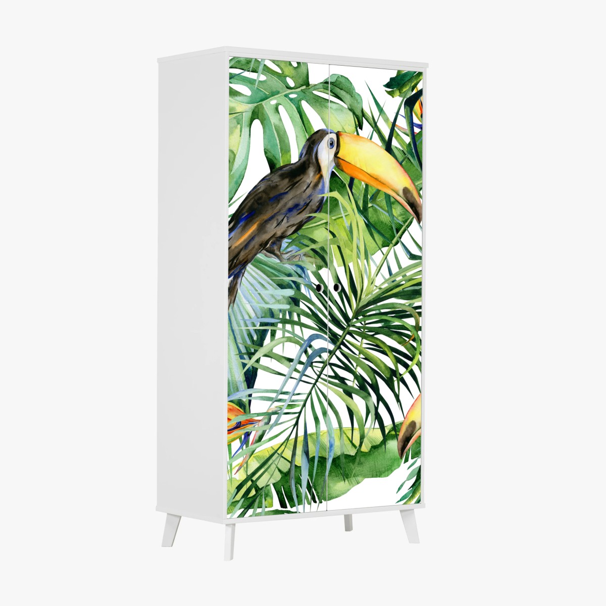Adesivo per armadio tucani nella giungla tropicale acquerellata • Wallissimo®