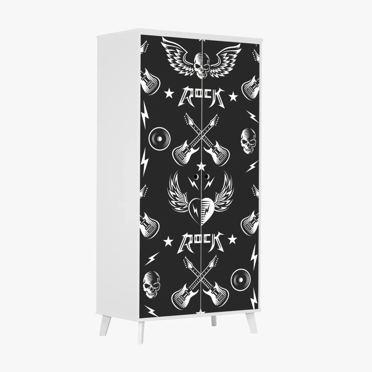 Adesivo per armadio motivo rock bianco e nero con chitarre e teschi • Wallissimo® Adesivo per armadio motivo rock bianco e nero con chitarre e teschi • Wallissimo®