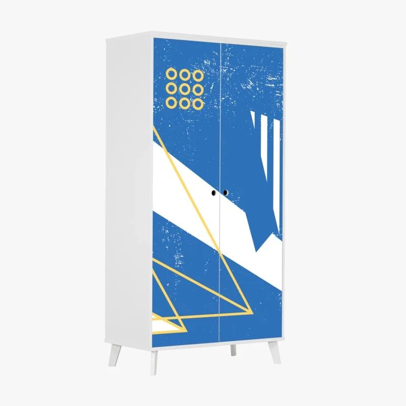 Adesivo per armadio composizione geometrica blu e gialla in stile Memphis