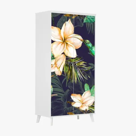 Adesivo per armadio motivo tropicale con colibrì e plumeria su sfondo scuro • Wallissimo®