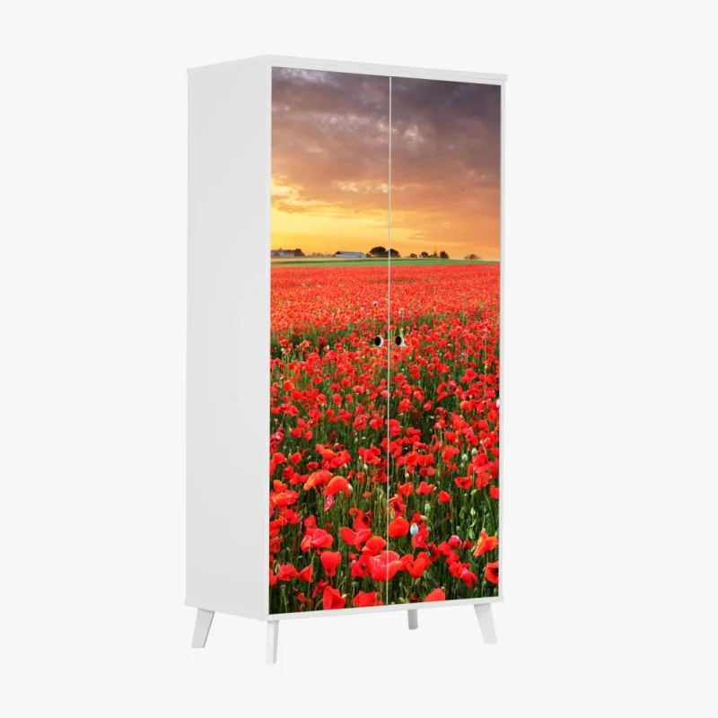 Adesivo per armadio tramonto sul campo di papaveri