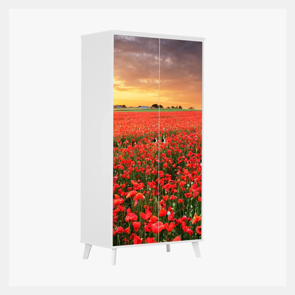 Adesivo per armadio tramonto sul campo di papaveri • Wallissimo® Adesivo per armadio tramonto sul campo di papaveri • Wallissimo®