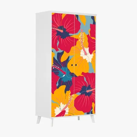 Adesivo per armadio motivo vintage tropicale di ibischi colorati • Wallissimo®