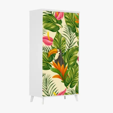 Adesivo per armadio giungla tropicale con tucano e fiori colorati • Wallissimo®