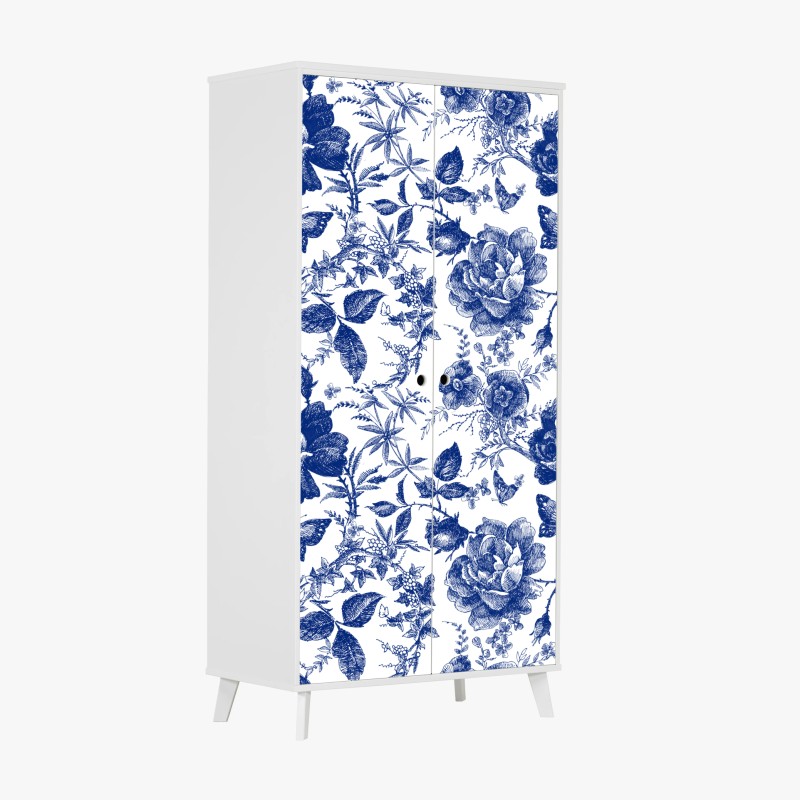 Adesivo per armadio motivo floreale blu in stile toile