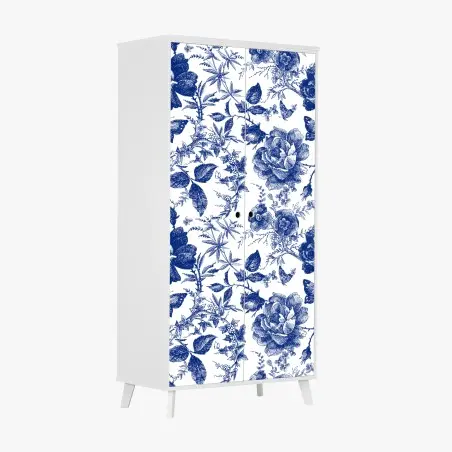 Adesivo per armadio motivo floreale blu in stile toile • Wallissimo®