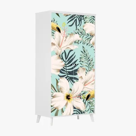 Adesivo per armadio tropicale: tucani e fiori su sfondo verde menta • Wallissimo®