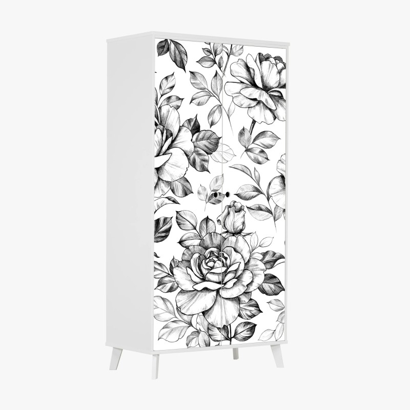 Adesivo per armadio motivo di rose disegnate a matita in stile vintage