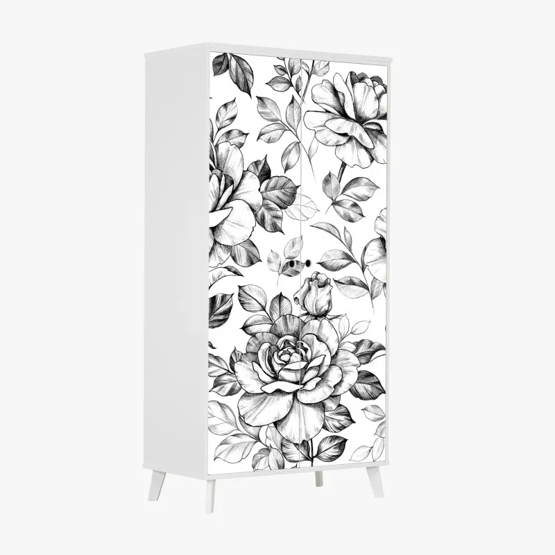 Adesivo per armadio motivo di rose disegnate a matita in stile vintage