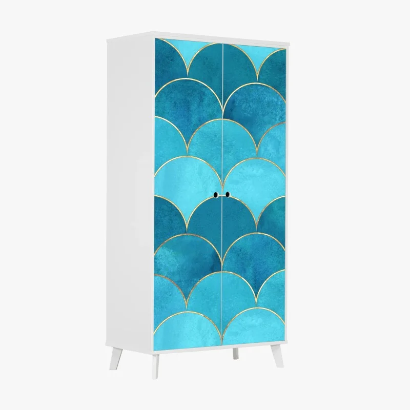 Adesivo per armadio scaglie marine turchesi con bordi dorati