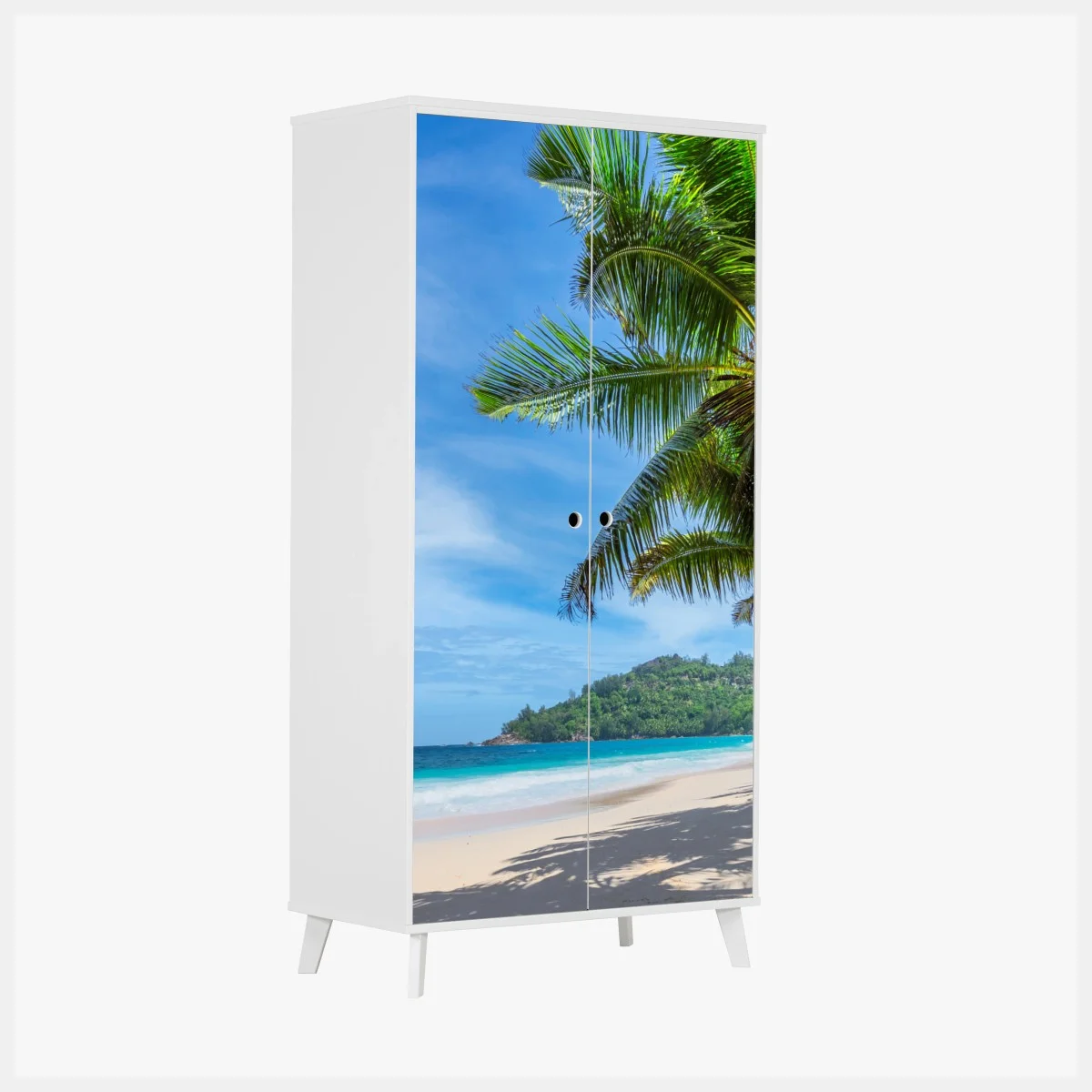Adesivo per armadio oasi tropicale con palme e mare turchese • Wallissimo® Adesivo per armadio oasi tropicale con palme e mare turchese • Wallissimo®
