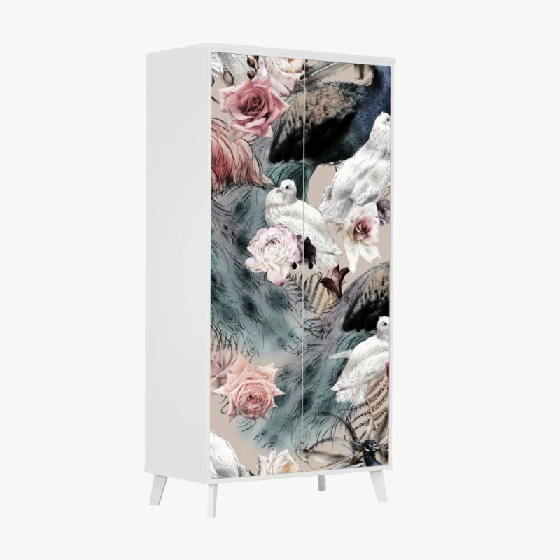 Adesivo per armadio motivo floreale senza soluzione con uccelli in acquerello