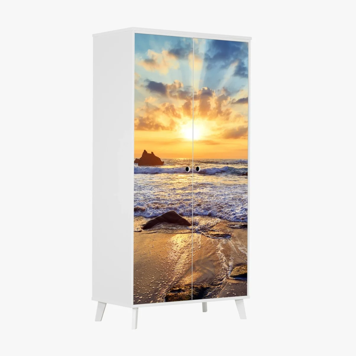 Adesivo per armadio tramonto dorato sulla costa rocciosa • Wallissimo® Adesivo per armadio tramonto dorato sulla costa rocciosa • Wallissimo®