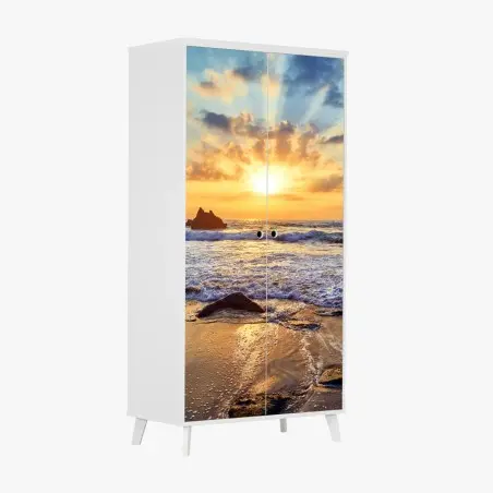 Adesivo per armadio tramonto dorato sulla costa rocciosa • Wallissimo®