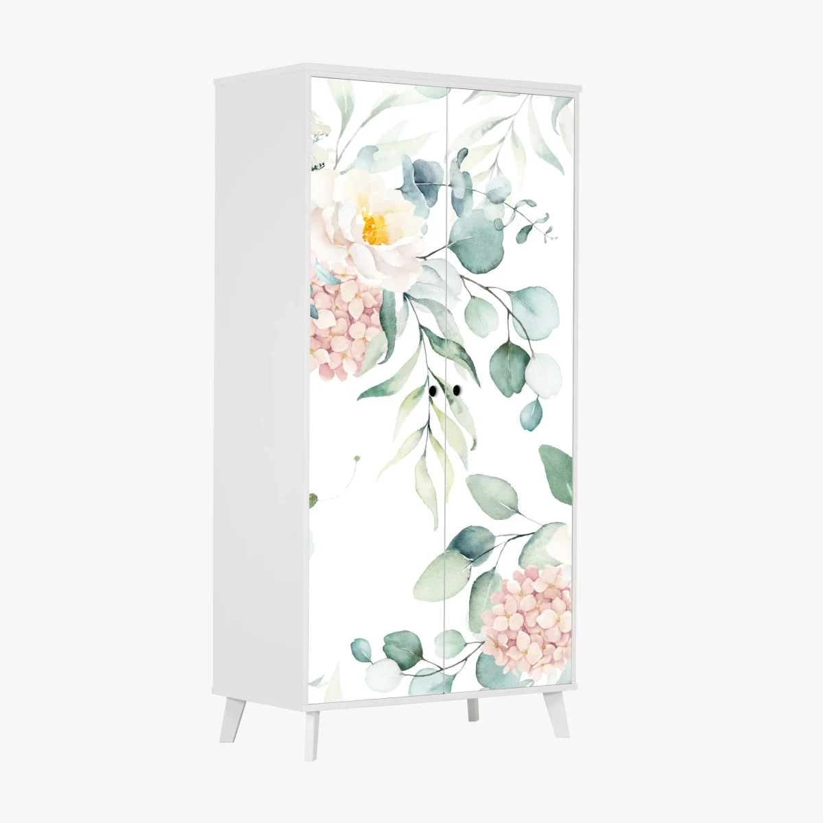 Adesivo per armadio motivo floreale acquerellato con peonie e foglie di eucalipto • Wallissimo® Adesivo per armadio motivo floreale acquerellato con peonie e foglie di eucalipto • Wallissimo®