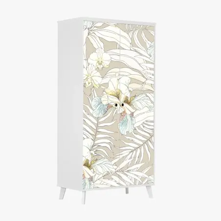 Adesivo per armadio cacatua e orchidee in motivo tropicale pastello • Wallissimo®