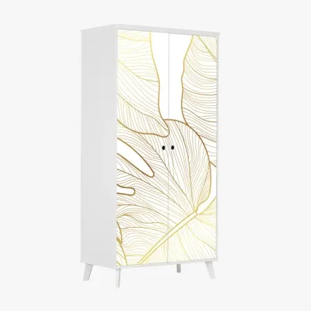 Adesivo per armadio eleganza botanica: foglie dorate su sfondo bianco • Wallissimo®