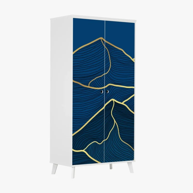 Adesivo per armadio montagne dorate su sfondo blu