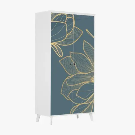 Adesivo per armadio elegante motivo floreale dorato su sfondo blu petrolio • Wallissimo®
