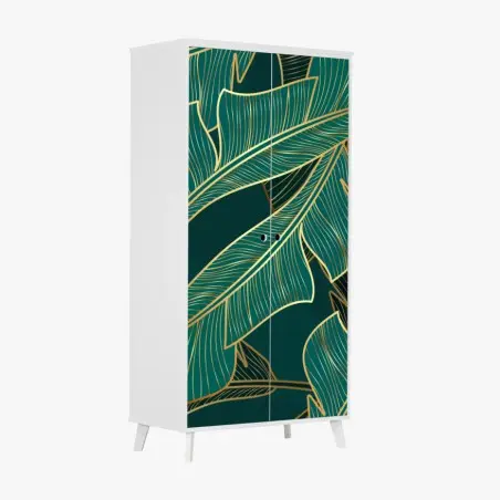 Adesivo per armadio foglie tropicali dorate su sfondo verde smeraldo • Wallissimo®