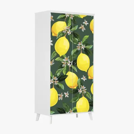 Adesivo per armadio stampa limoni e fiori su sfondo verde scuro • Wallissimo®