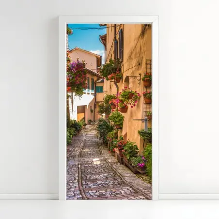 Adesivo per porta vicolo fiorito in Umbria • Wallissimo®