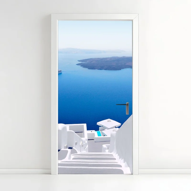Adesivo per porta scalinata bianca su Santorini con vista sul mare